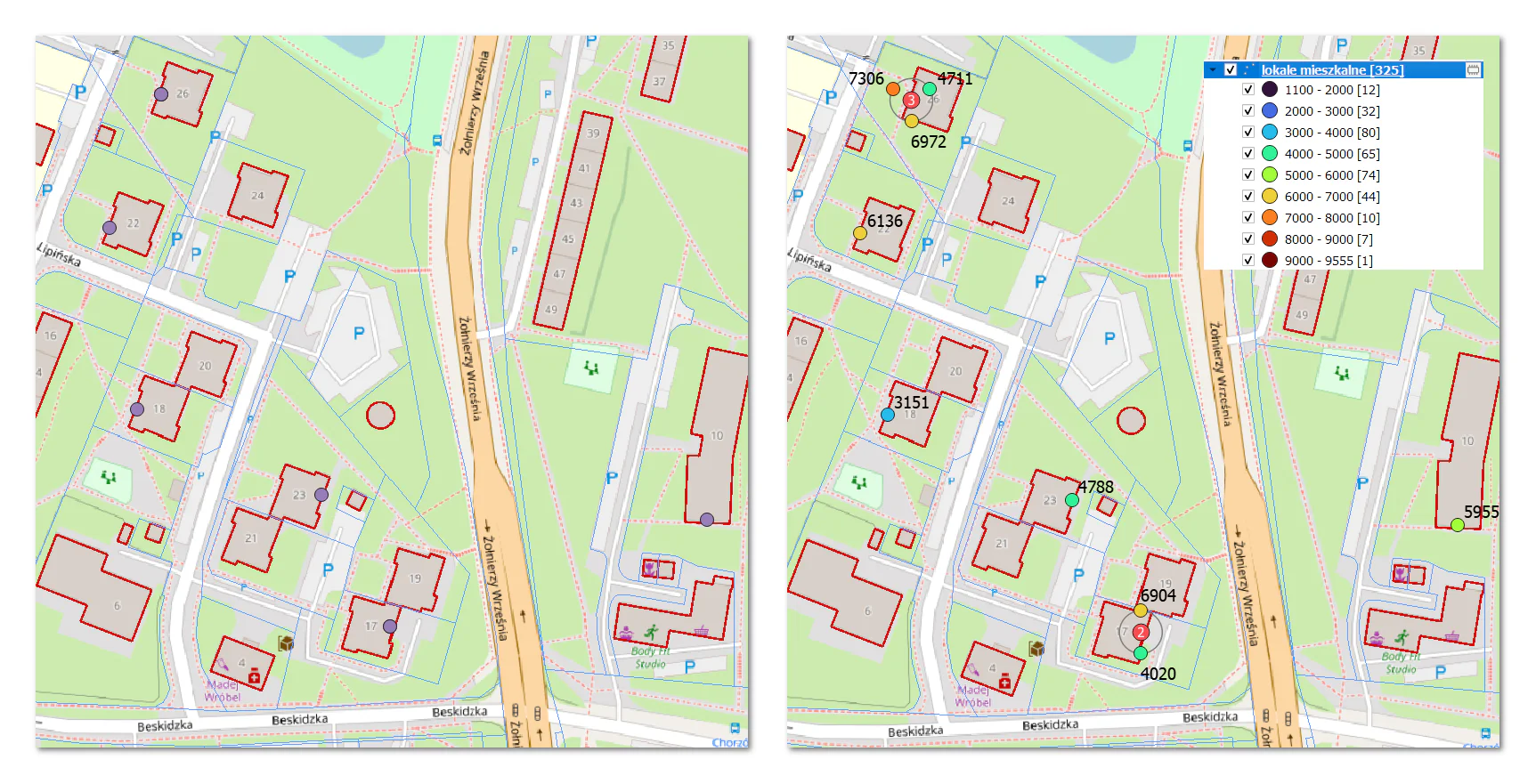 analiza czytelności danych: surowy widok domyślny vs. dedykowana stylizacja z histogramem cen